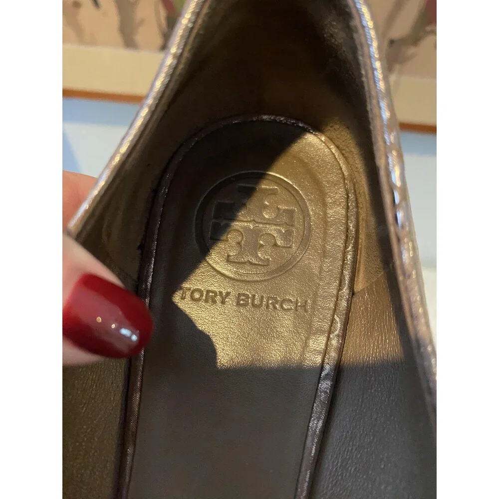 Tory Burch Shoes Womens Size 8 Silver Snake Leather Ballet Flats Logo Slip On